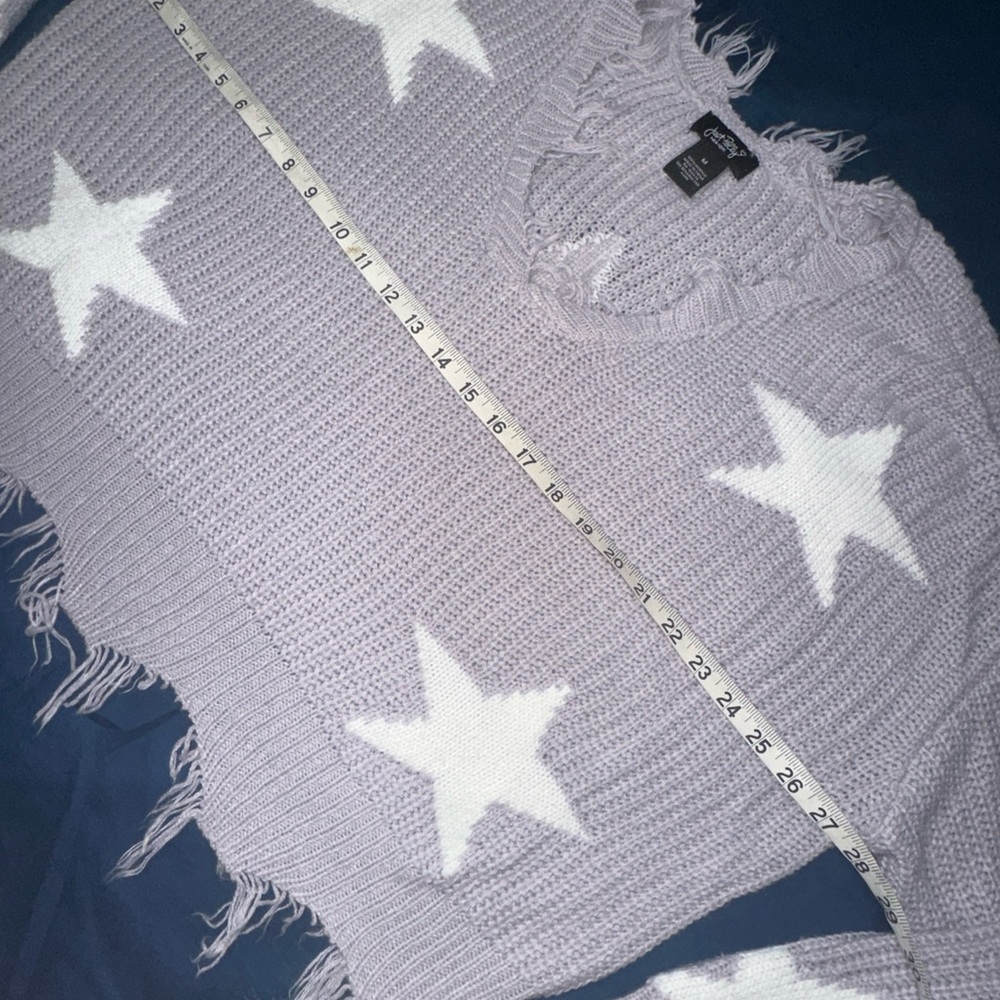 Just Polly New York Sweater Women’s M Purple Cropped Distressed Star Shark Bite - Picture 7 of 8